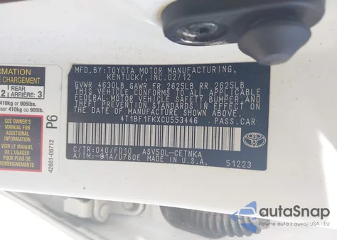 2012 Toyota Camry Le из США, поврежденный, VIN 4T1BF1FKXCU553446